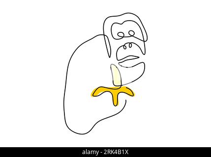 One continuous single line of orangutan eat banana for international orangutan day isolated on white background. Stock Vector