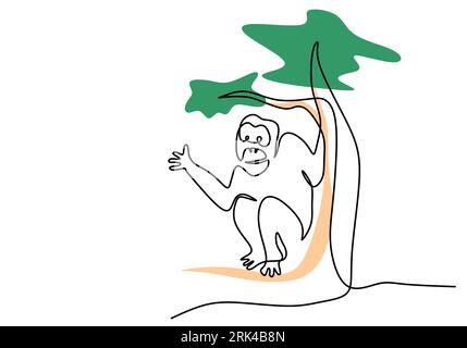 One continuous single line of sitting orangutan under tree for international orangutan day isolated on white background. Stock Vector