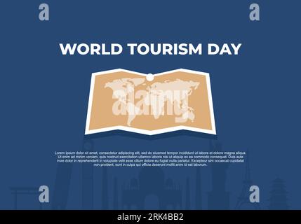 World tourism day background banner poster with big earth map on september 27. Stock Vector