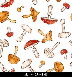Seamless pattern with inedible mushrooms in cartoon, line art style. For wrapping paper, wallpaper, textiles, background. Vector illustration isolated Stock Vector
