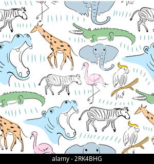 Hand drawn seamless pattern of zoo animals like crocodile, elephant, giraffe, zebra, hippopotamus, flamingo, parrot isolated on white background. Stock Vector