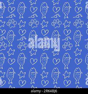 Hand drawn seamless pattern of cute fish dog footprint and love symbol Stock Vector