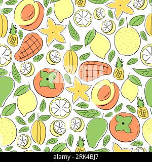 Orange fruits like citrus, lemon, apricot, persimmon, nectar, mango, peach, pineapple, papaya, star fruit Seamless pattern. Stock Vector