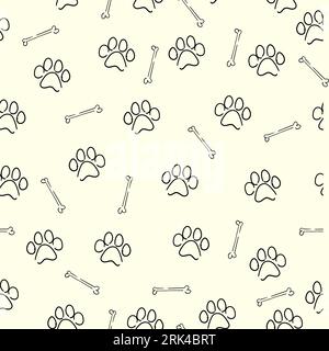 Hand drawn seamless pattern of dog footprint and bone isolated on white background. Stock Vector