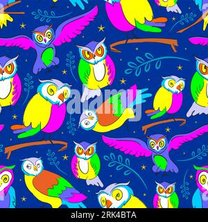 Cute owl Seamless pattern isolated on blue background. Stock Vector