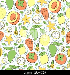 Orange fruit like citrus, lemon, apricot, persimmon, nectar, mango, peach, pineapple, papaya, star fruit Seamless pattern. Stock Vector