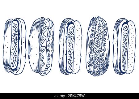 Food engraving hand drawing set of hotdog isolated on white background. Stock Vector