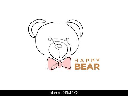 One continuous single line of teddy bear head isolated on white background. Stock Vector