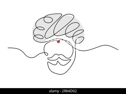 One continuous single line hand drawn of india man face for india independence day isolated on white background. Stock Vector