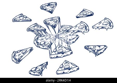 Food engraving hand drawing set of pizza isolated on white background. Stock Vector