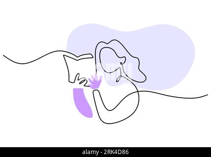 One continuous single line of woman read book isolated on white background. Stock Vector