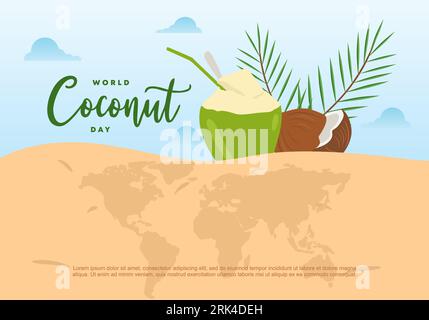 World coconut day with earth globe map and two coconuts on september 2. Stock Vector