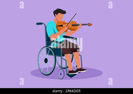 Character flat drawing of disability and music. Man in wheelchair plays violin. Physically disabled, injured body. Person in hospital. Rehabilitation Stock Photo