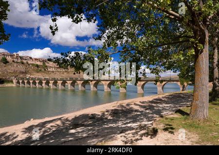 Immerse yourself in the breathtaking scenery of Segovia with this stunning photo of Linares Reservoir and the charming village of Maderuelo. Located i Stock Photo