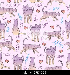 Hand drawn seamless pattern of cats on white background. Stock Vector