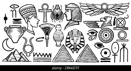 twenty eight tribal ethnic hand drawing set elements. set of egyptian tribal drawing Stock Vector