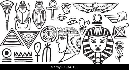 Twenty two hand drawn set of egyptian tribal drawing isolated on white background. Stock Vector