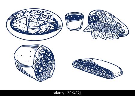 Food engraving hand drawing set of mexican food isolated on white background. Stock Vector