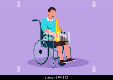 Character flat drawing active man sitting in wheelchair plays saxophone. Classical music performance. Physically disabled, broken leg. Rehabilitation Stock Photo