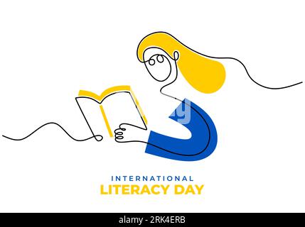 One continuous single line of woman read book isolated on white background. Stock Vector