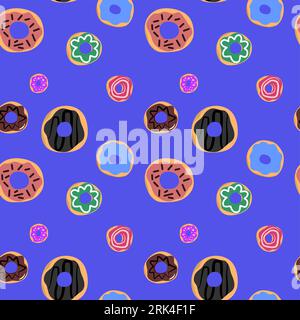 Cute donuts seamless pattern isolated on blue background. Stock Vector