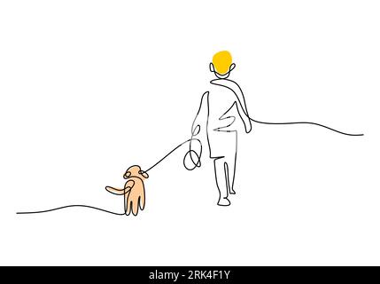 One continuous single line of man walk with dog isolated on white background. Stock Vector