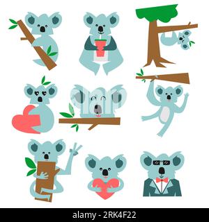 Nine cute koalas element isolated on white background. Stock Vector