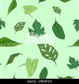 Green leafs seamless pattern isolated on green background. Stock Vector