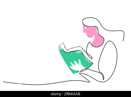 One continuous single line of woman read book isolated on white background. Stock Vector