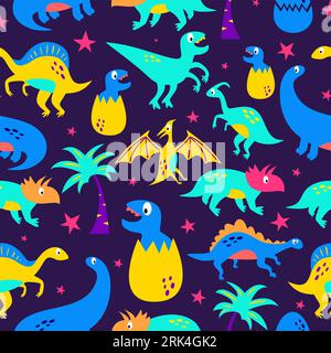 Cute dinosaurs seamless pattern isolated on purple background. Stock Vector