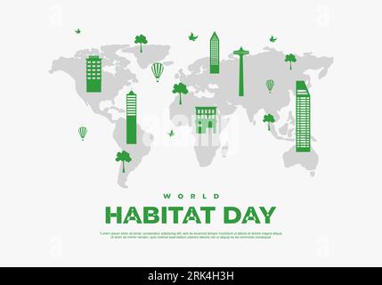 World habitat day building on world map isolated on white background. Stock Vector