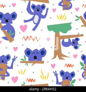 Cute purple koala seamless pattern isolated on white background. Stock Vector