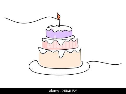 One continuous single line of birthday cake isolated on white background. Stock Vector