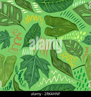 Green leafs seamless pattern isolated on green background. Stock Vector