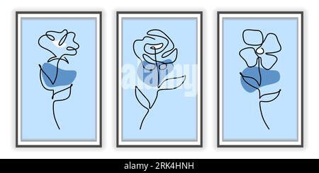 One line of three floral posters isolated on white background. Hand drawing continuous line minimalism. Stock Vector