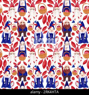 Autumn gnomes. Watercolor seamless pattern for fabrics, home textiles, clothes and wrapping paper. Fairytale vintage style. White background Stock Photo