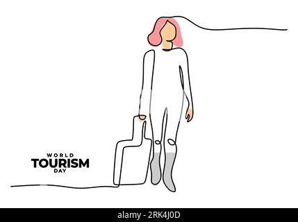 One continuous single line of world tourism day with girl vacation. Stock Vector