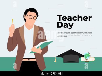 Teacher day background with man bring book, hat and globe. Stock Vector