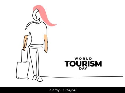 One continuous single line of world tourism day with girl vacation. Stock Vector
