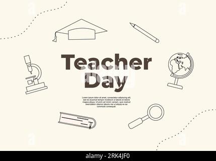 Teacher day background with magnify, book, microscope, globe, hat and pen. Stock Vector
