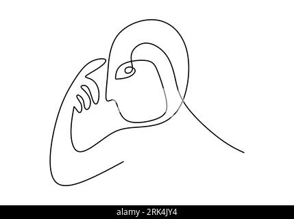 Hand drawn single line of primordial man body and face isolated on white background. Stock Vector