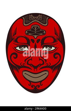 Hand drawn red japanese traditional mask isolated on white background. Stock Vector