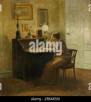 Interior with a woman reading at a desk. between 1887 and 1929 by Poul Friis Nybo Stock Photo