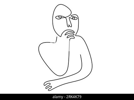 Hand drawn single line of primordial man body and face isolated on white background. Stock Vector