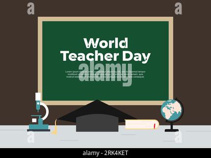 Teacher day background with board, hat, book, globe and microscope. Stock Vector