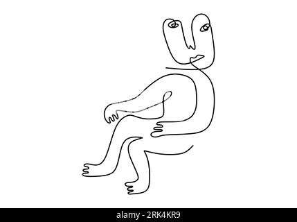 Hand drawn single line of primordial man body and face isolated on white background. Stock Vector