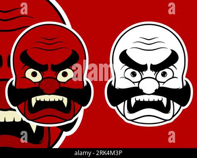 Two red white Japanese mask elements isolated on red background. Stock Vector