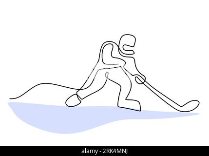 Hand drawing one single continuous line of man play hockey on ice isolated on white background. Stock Vector