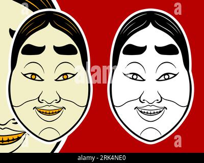 Two traditional Japanese mask elements isolated on red background. Stock Vector