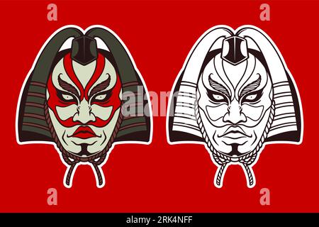 Hand drawn two reds white japanese traditional masks on red background Stock Vector